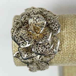 Vintage Sterling Silver Rose .925 Large Filigree Flower Petals Cuff Bracelet